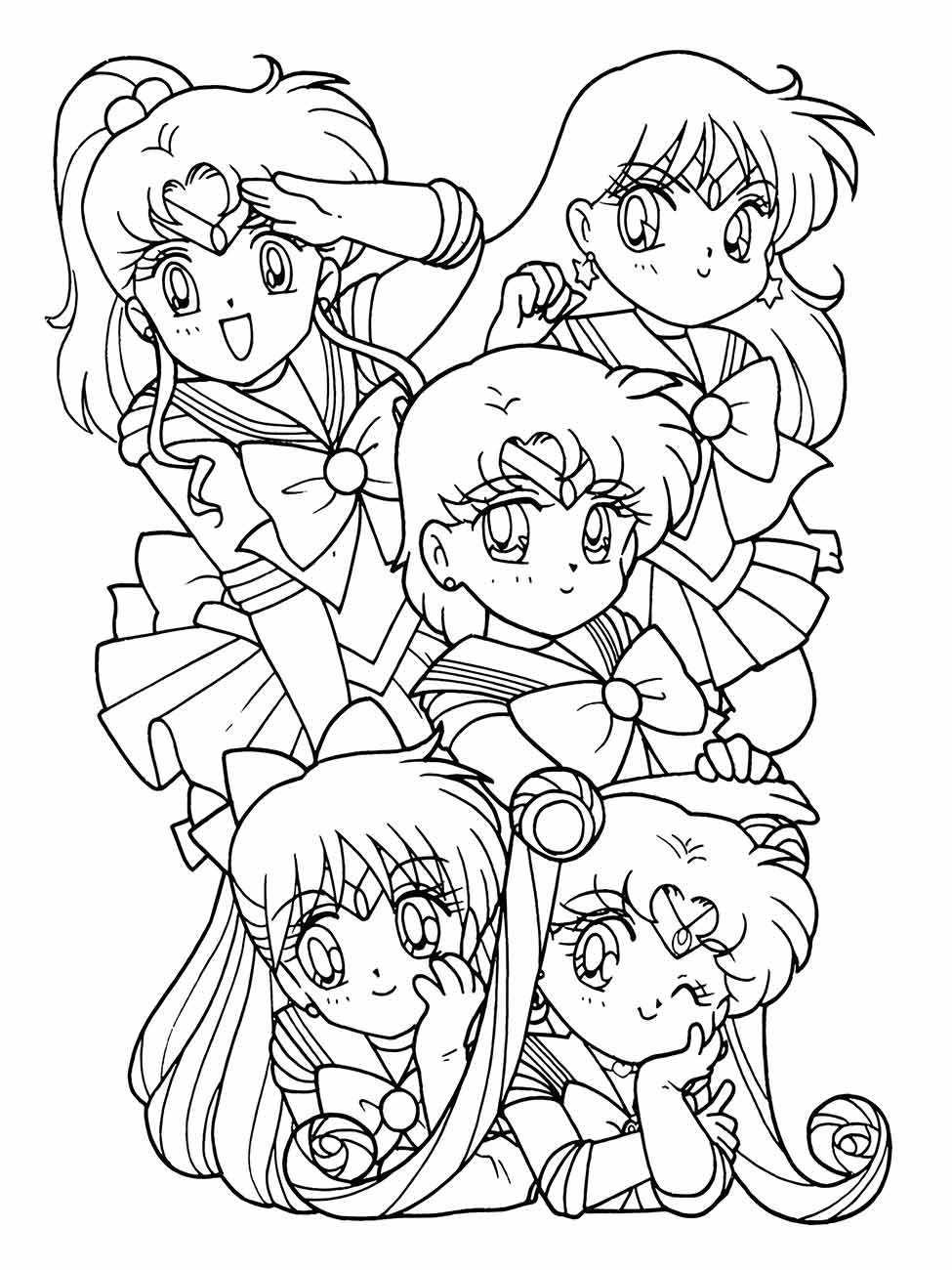 Desenho para colorir de Sailor Moon e amigas sorrindo e acenando, com detalhes de seus uniformes.