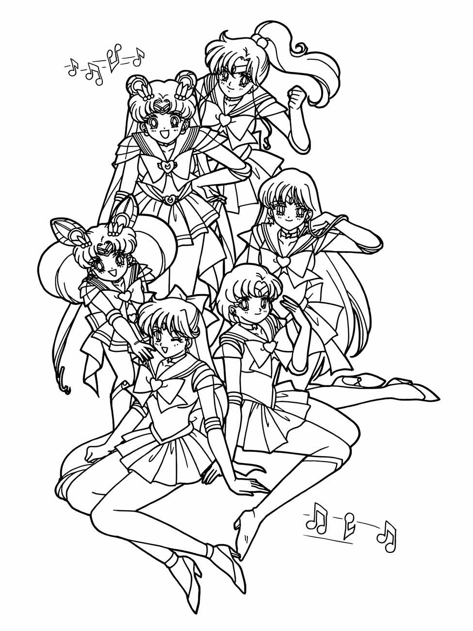 Desenho para colorir das Sailor Scouts em pose de dança com notas musicais ao fundo.