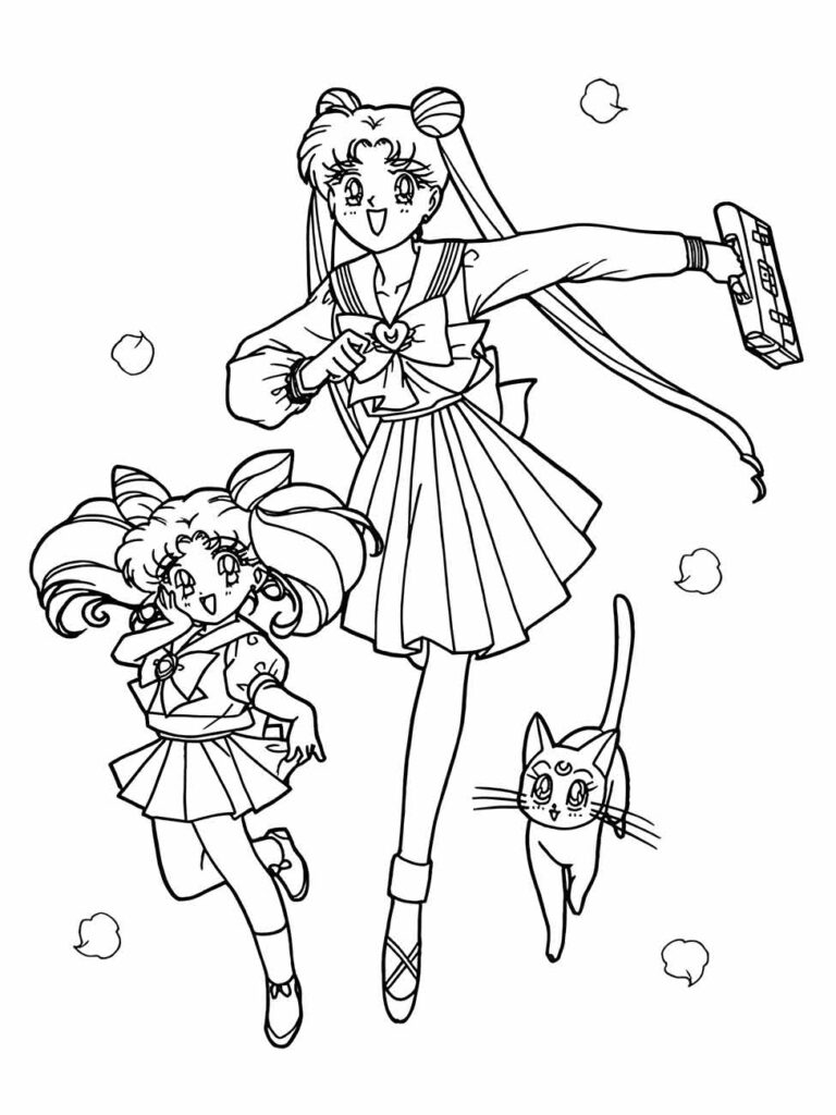 Desenho para colorir de Sailor Moon e Chibiusa com movimentos dinâmicos e um gato.