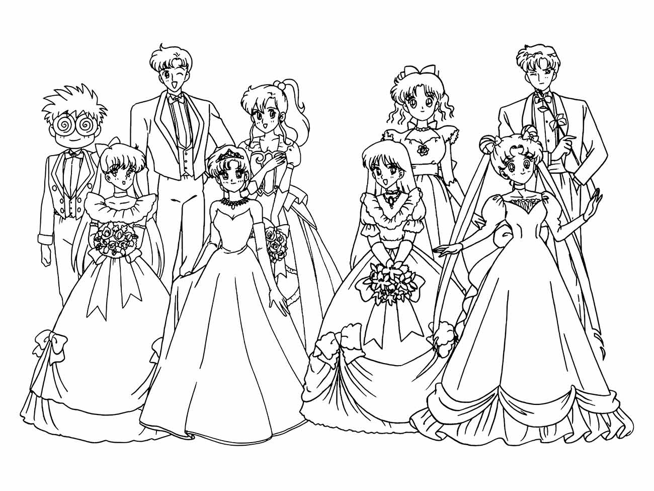 Desenho para colorir de personagens de Sailor Moon em trajes de casamento elegantes.