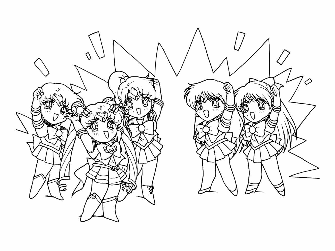 Desenho para colorir de Sailor Moon e suas amigas comemorando com exclamações ao fundo.