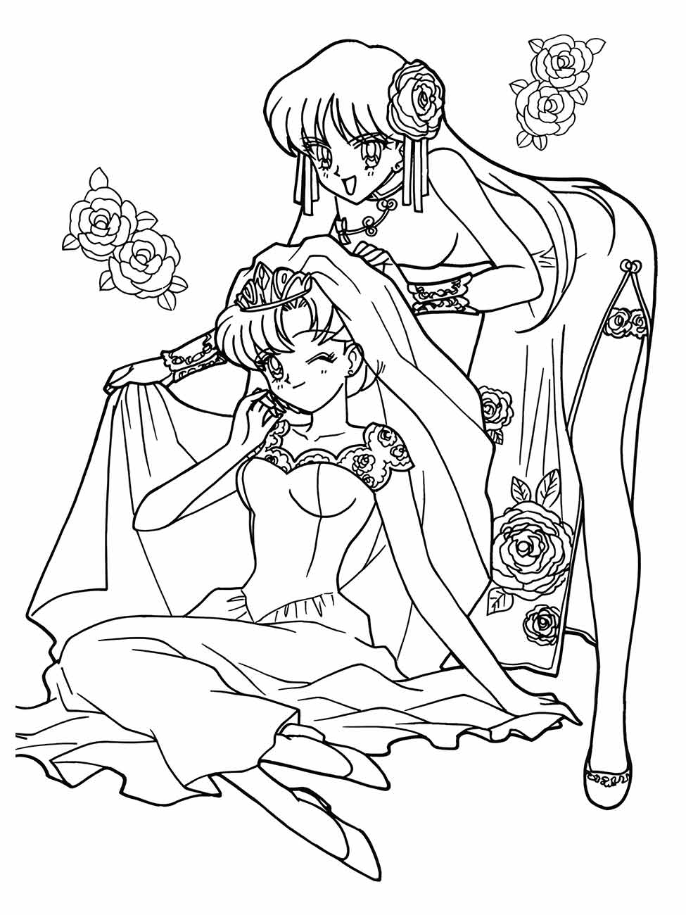 Desenho para colorir de Sailor Moon sendo coroada por uma outra personagem, ambas cercadas por rosas.