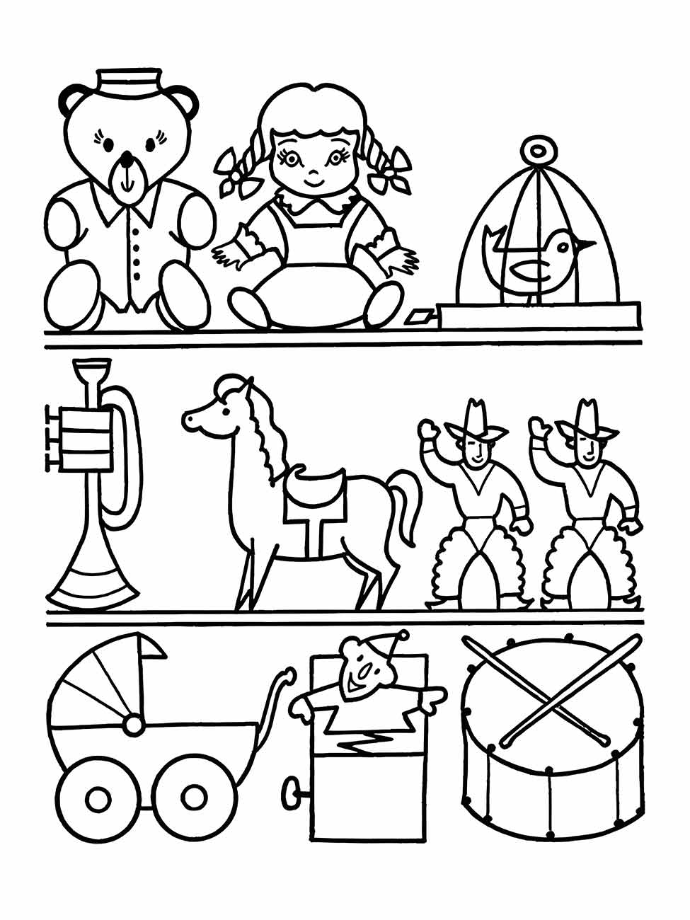 Desenho para colorir de brinquedos variados em uma prateleira, incluindo um ursinho, uma boneca, um pássaro, um cavalo de balanço, e um tambor.