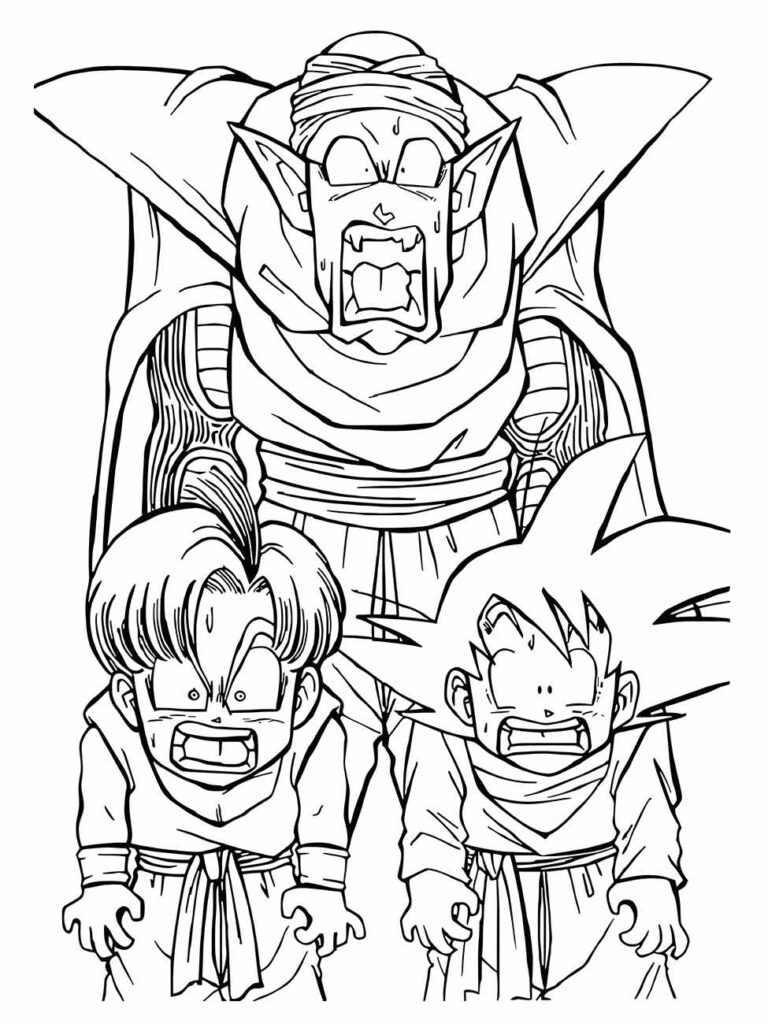 Desenho para colorir de Piccolo gritando com Goten e Trunks em poses de susto e surpresa.