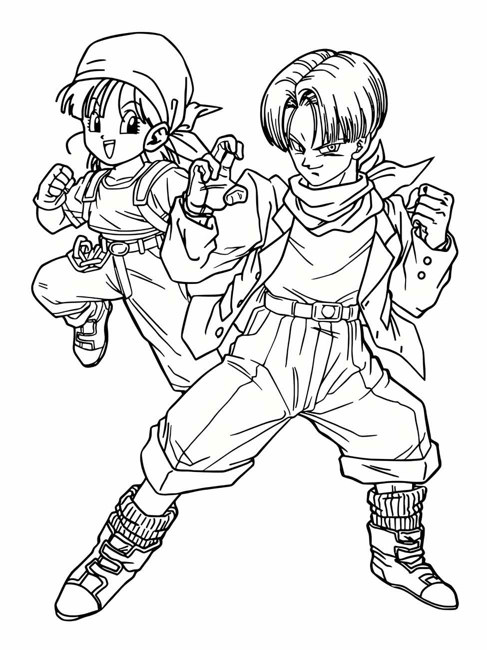 Desenho para colorir de Pan em pose de luta com Trunks ao seu lado, ambos prontos para a ação.