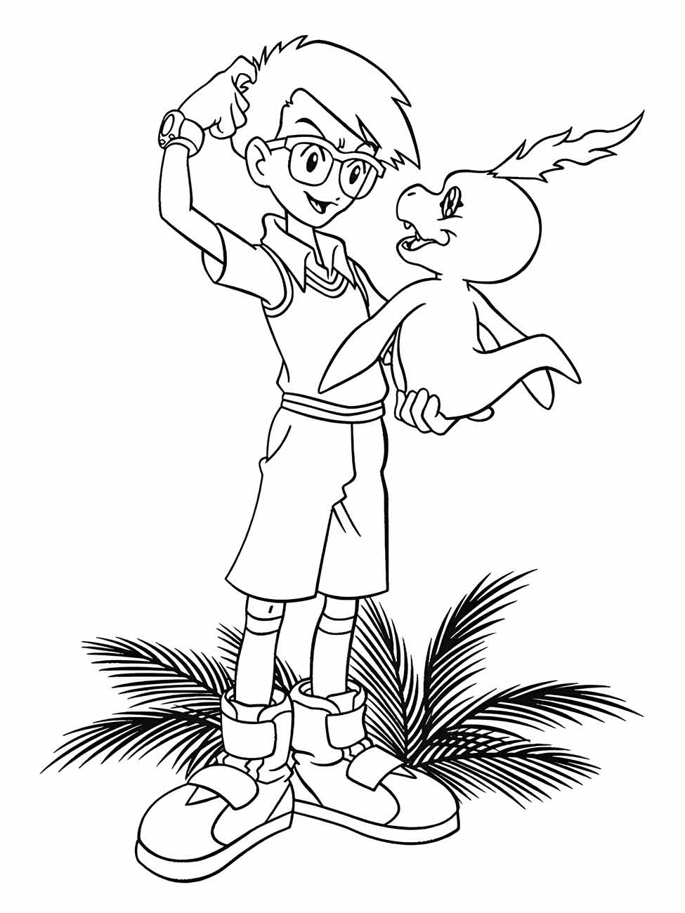 Desenho para colorir de Joe Kido segurando Gomamon, personagens do anime Digimon Adventure.