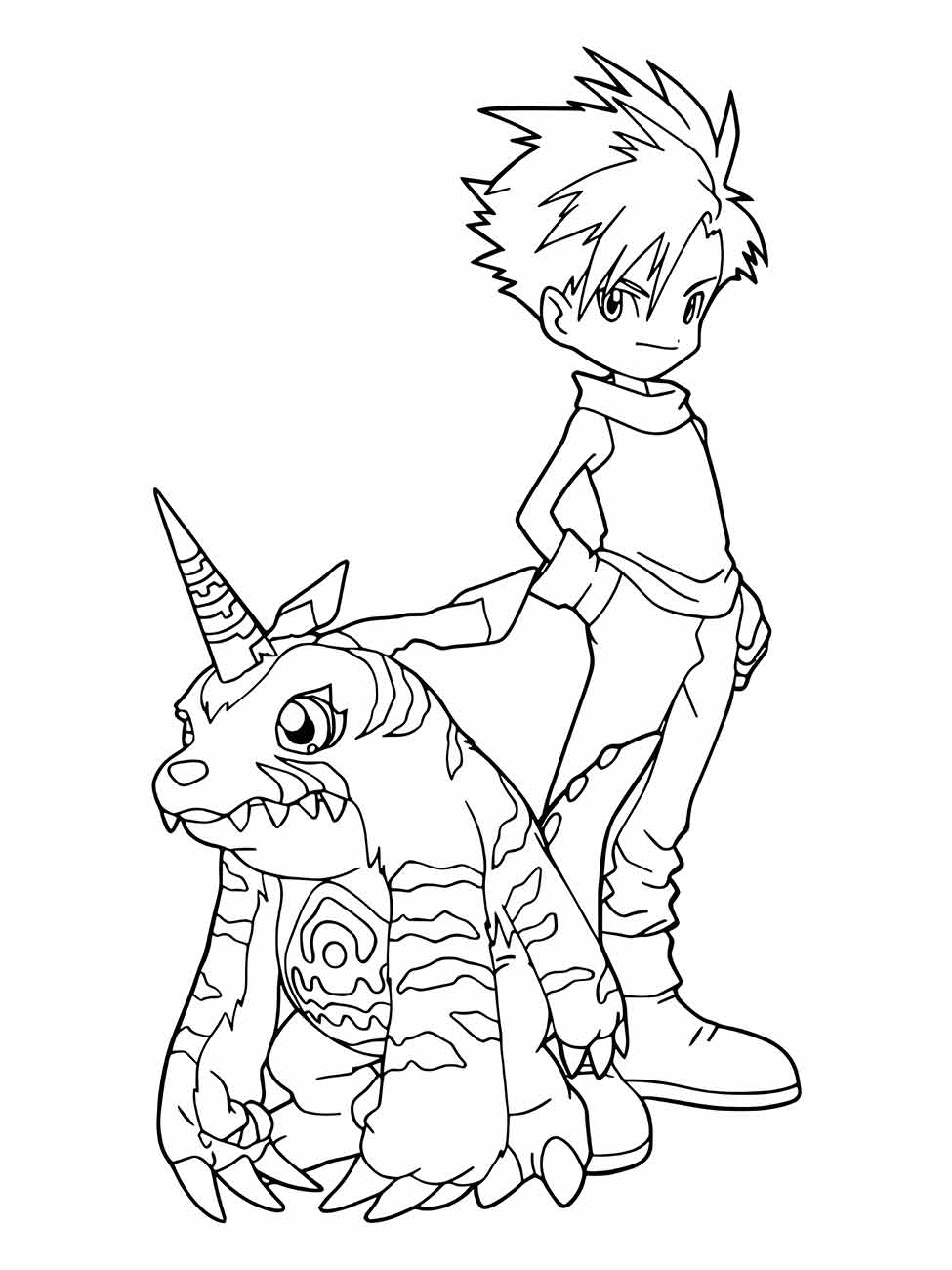 Desenho para colorir de Matt Ishida com seu Digimon Gabumon, prontos para a aventura.