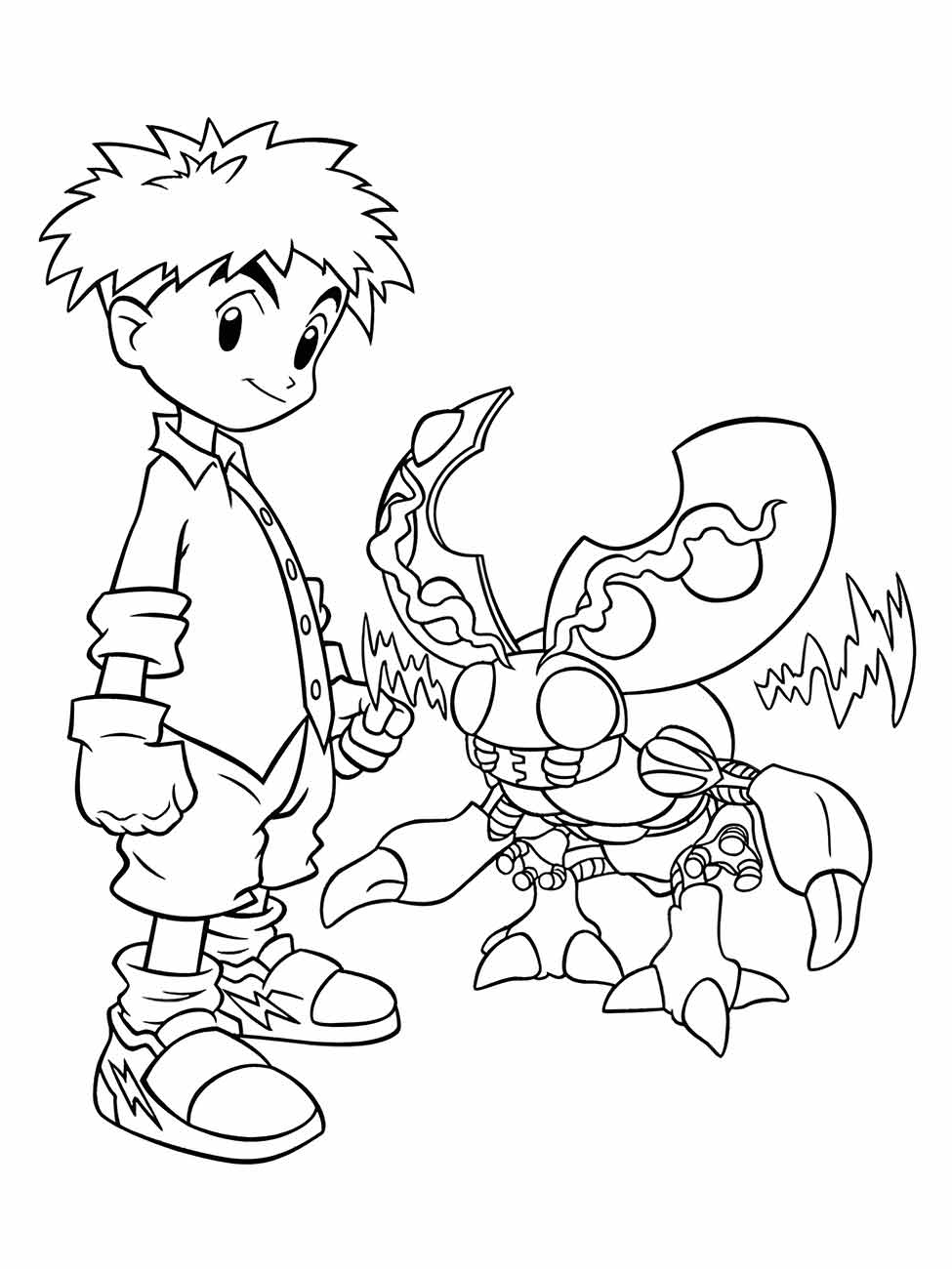 Desenho para colorir de Izzy Izumi com seu Digimon Tentomon.