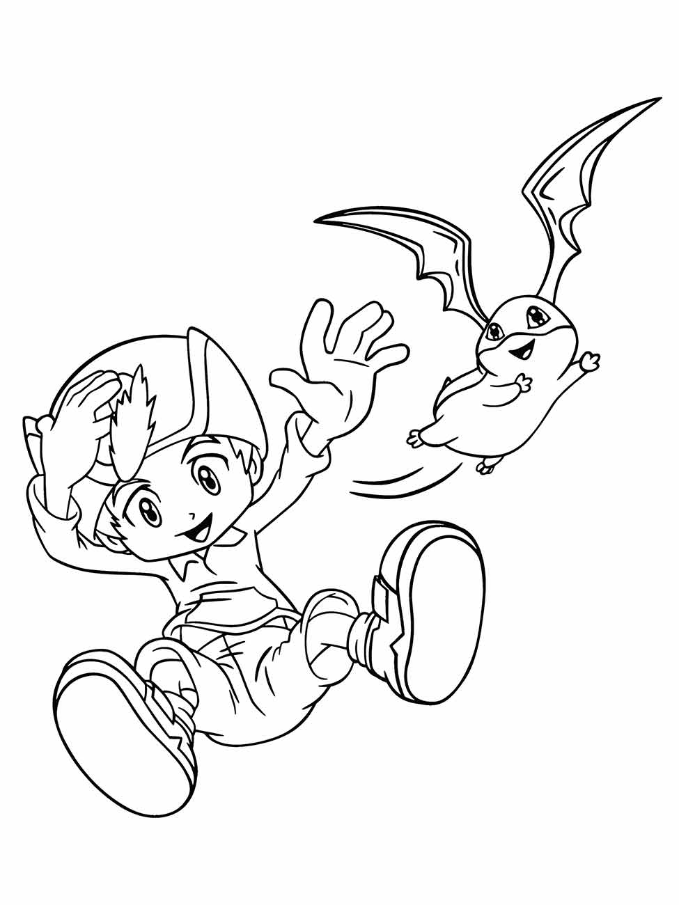 Desenho para colorir de T.K. Takaishi e Patamon em um movimento animado e cheio de ação.