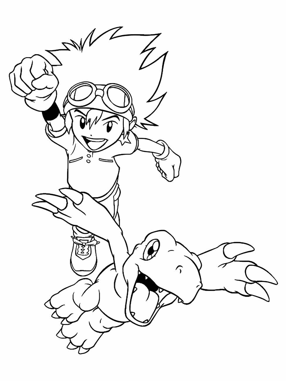 Desenho para colorir de Tai Kamiya e Agumon em pose de luta.