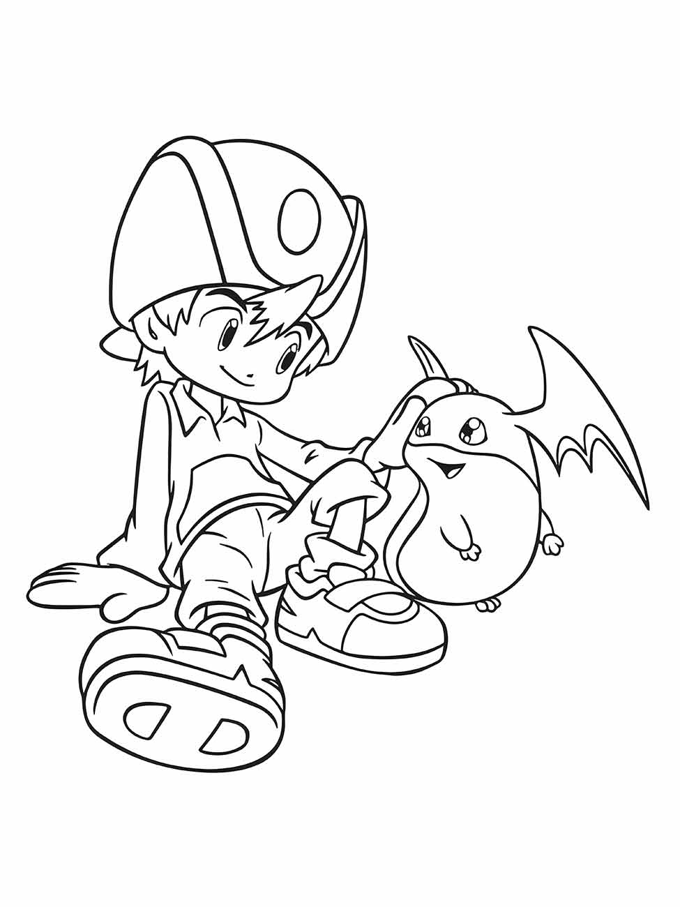 Desenho para colorir de T.K. Takaishi sentado ao lado de seu Digimon Patamon.