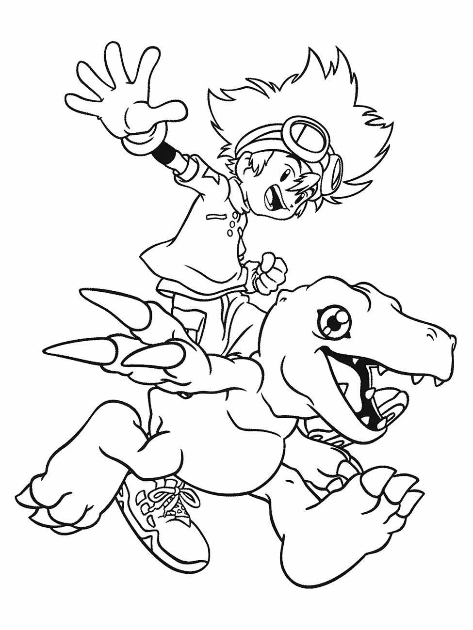 Desenho para colorir de Tai Kamiya montado em Greymon, preparados para uma aventura.