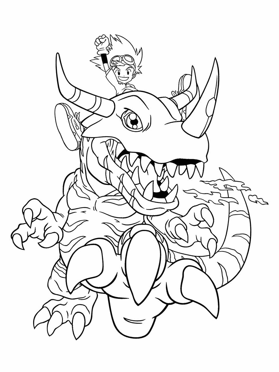 Desenho para colorir de Matt Ishida cavalgando seu Digimon Garurumon.