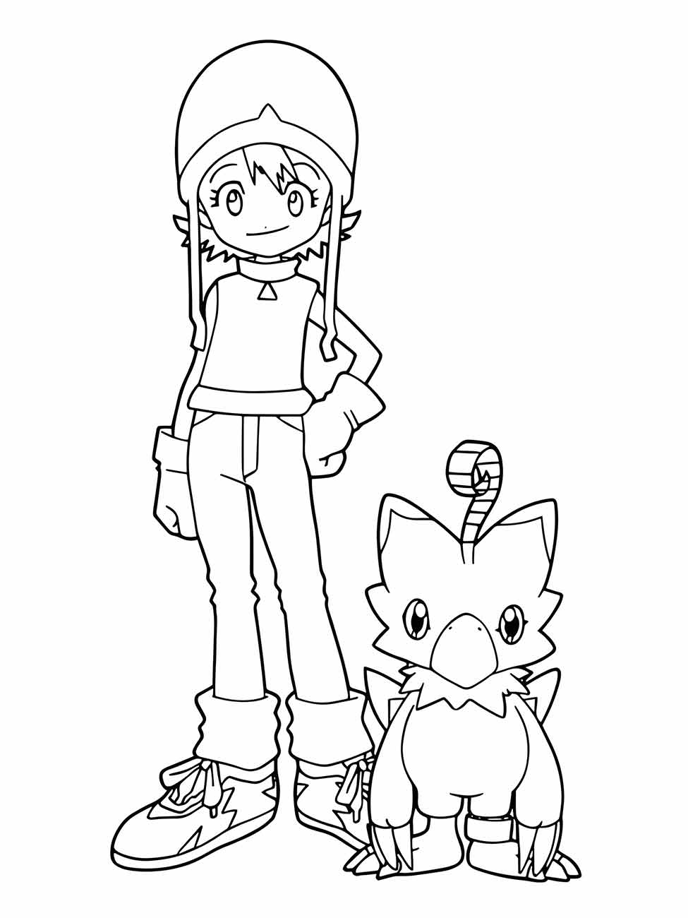 Desenho para colorir de Rika Nonaka com seu Renamon.