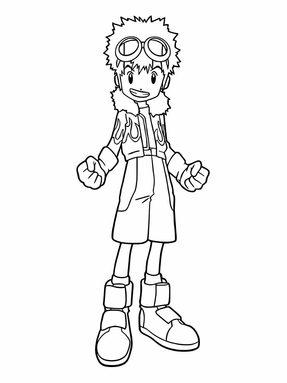 Desenho para colorir de Tai Kamiya, personagem do anime Digimon Adventure, com óculos na cabeça e expressão entusiasmada.