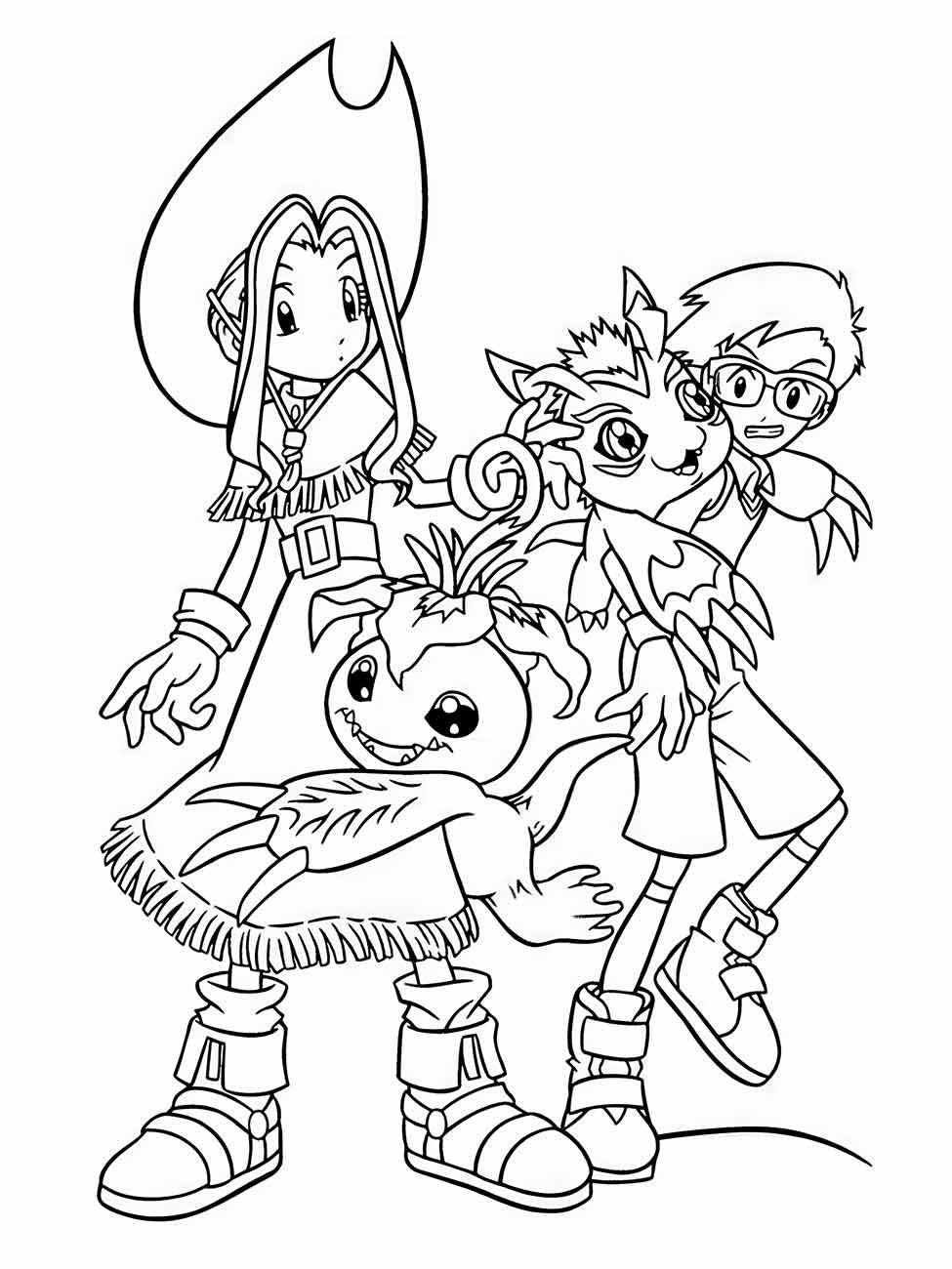 Desenho para colorir de Kari Kamiya, Gatomon e Yolei Inoue juntos.