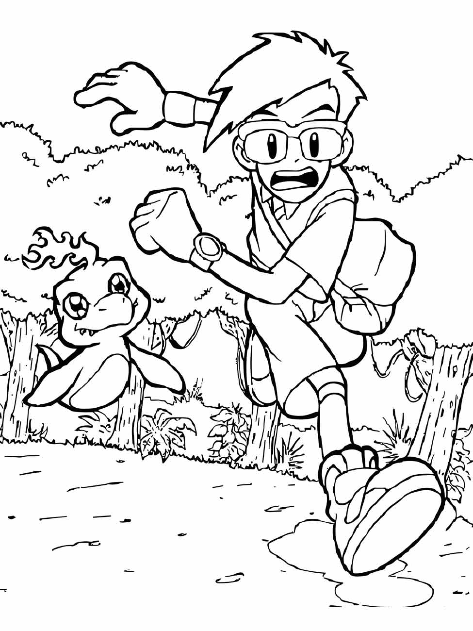 Desenho para colorir de Joe Kido e Gomamon em uma aventura.