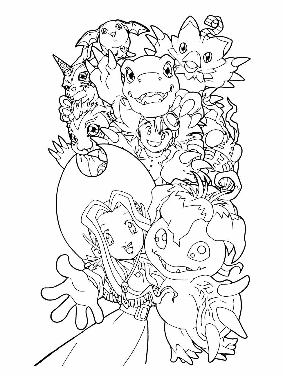 Desenho para colorir de Tai Kamiya, Matt Ishida e seus Digimons.