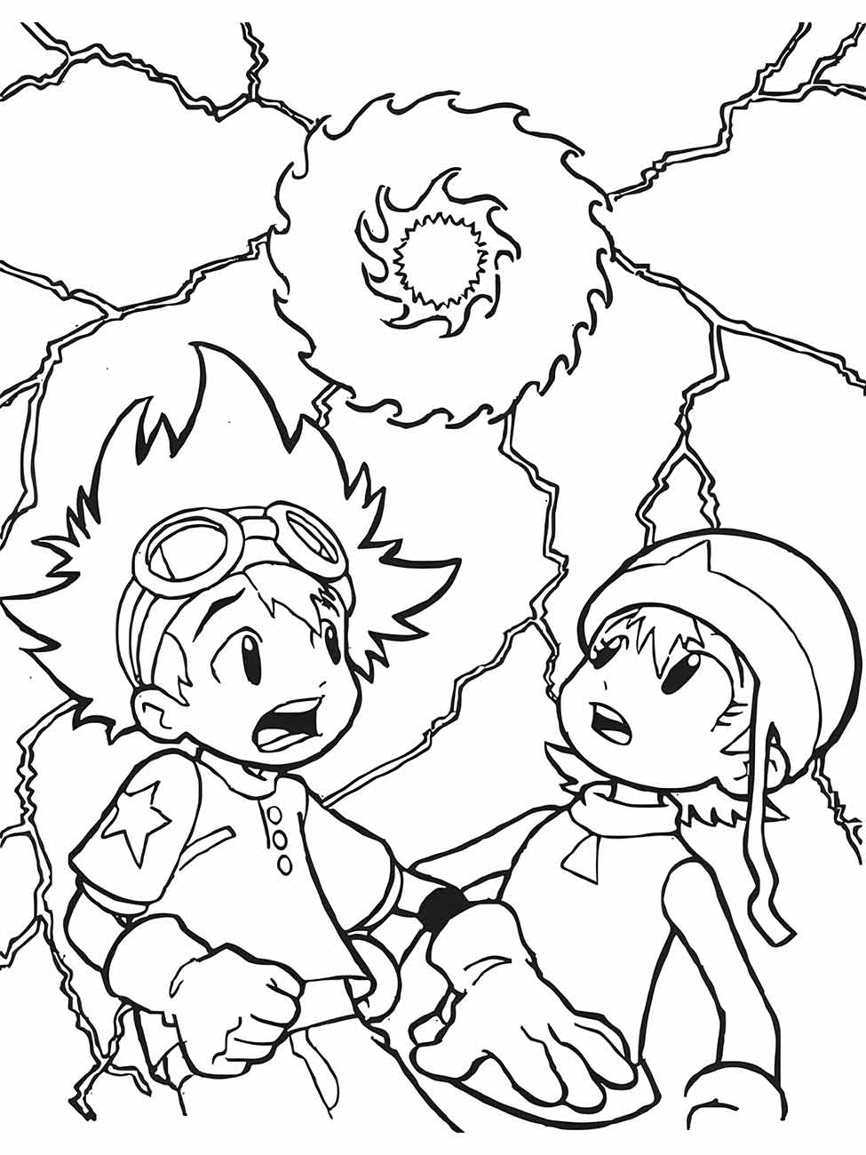 Desenho para colorir de Tai e Kari Kamiya surpresos por uma Digievolução.