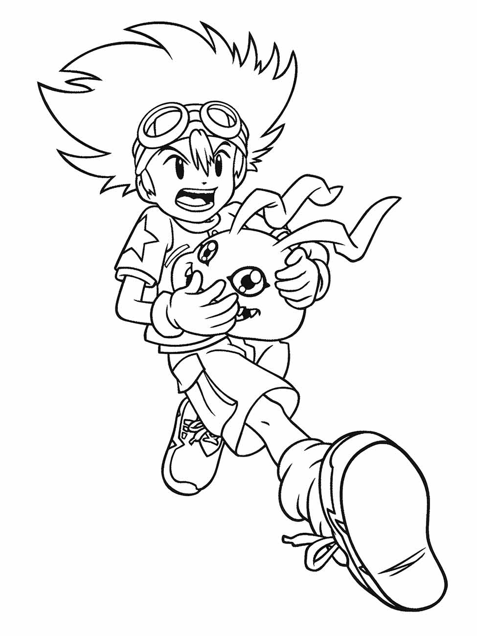 Desenho para colorir de Tai Kamiya em ação com Agumon, do anime Digimon Adventure.