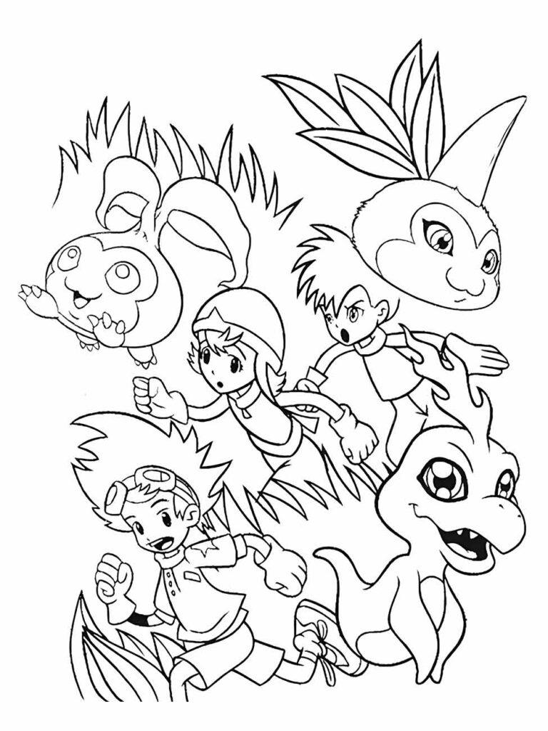 Desenho para colorir de Digimon: Tai Kamiya, Matt Ishida, T.K. Takaishi e seus Digimons.