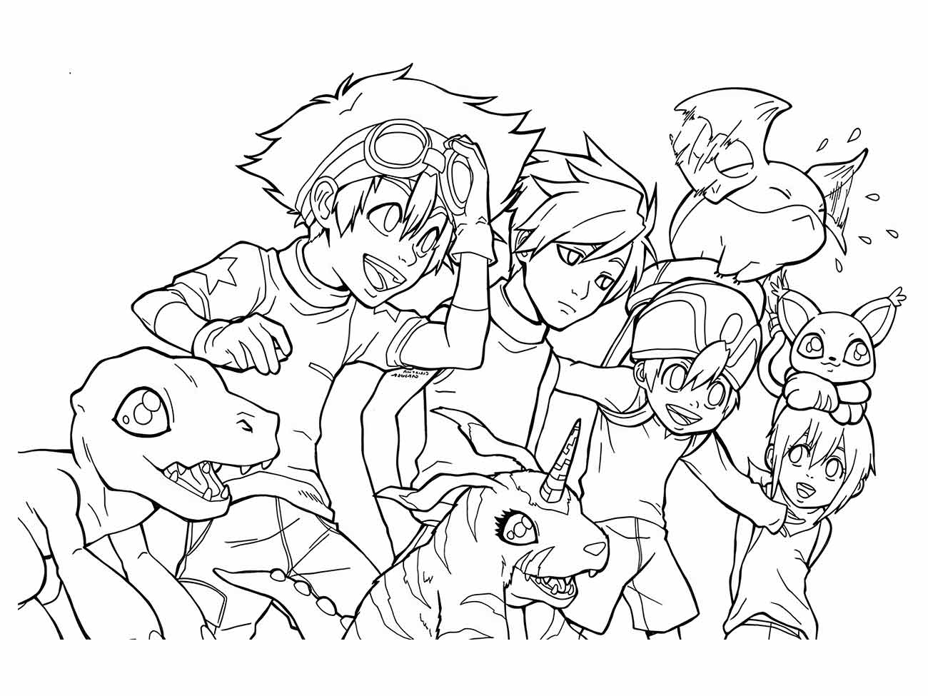 Desenho para colorir do grupo original de DigiEscolhidos e seus parceiros Digimon.