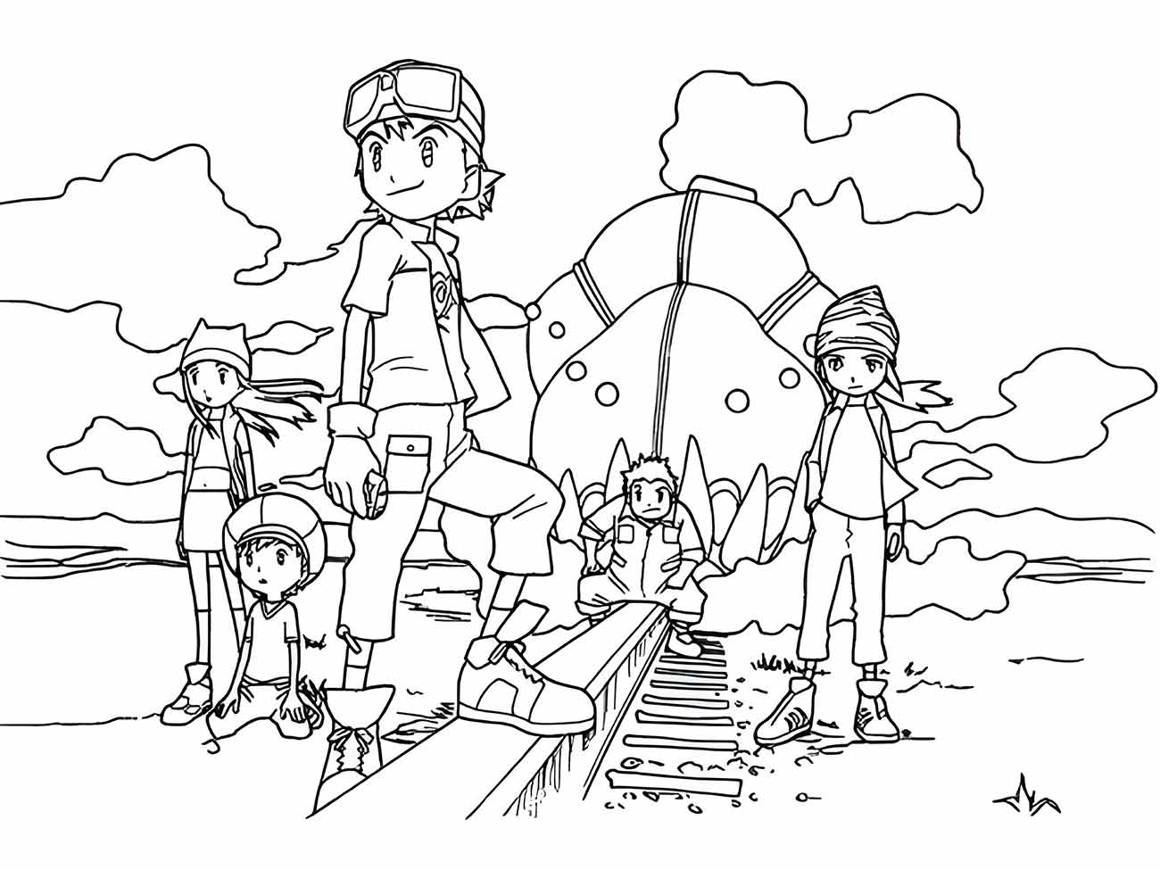 Desenho para colorir dos DigiEscolhidos Sora, Mimi, Joe e seus Digimons ao lado de um DigiOvo.