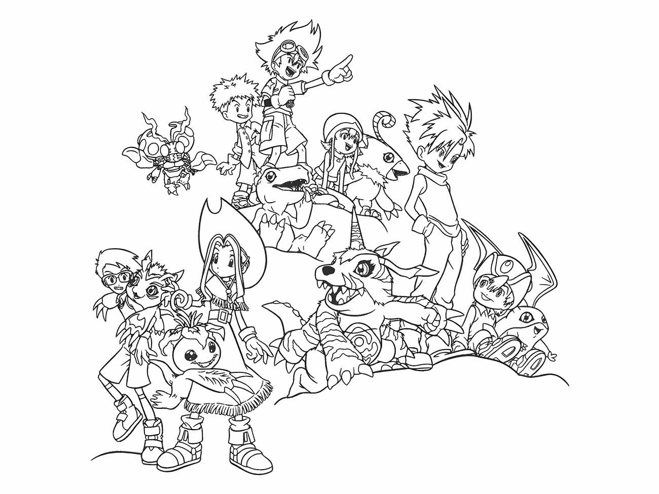 Desenho para colorir do grupo completo de DigiEscolhidos e Digimons da primeira temporada.