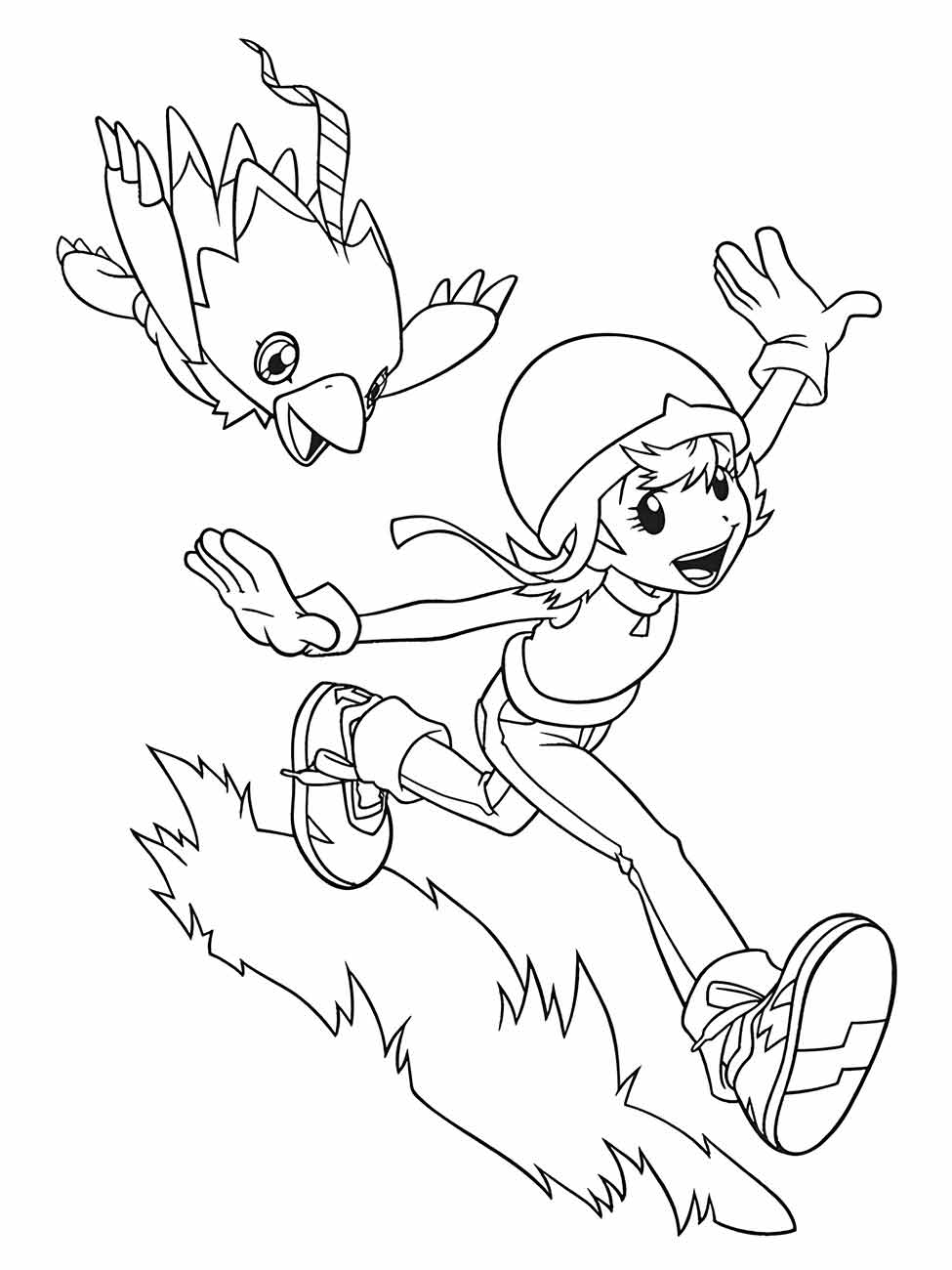 Desenho para colorir de Sora Takenouchi com seu parceiro Digimon Biyomon voando.