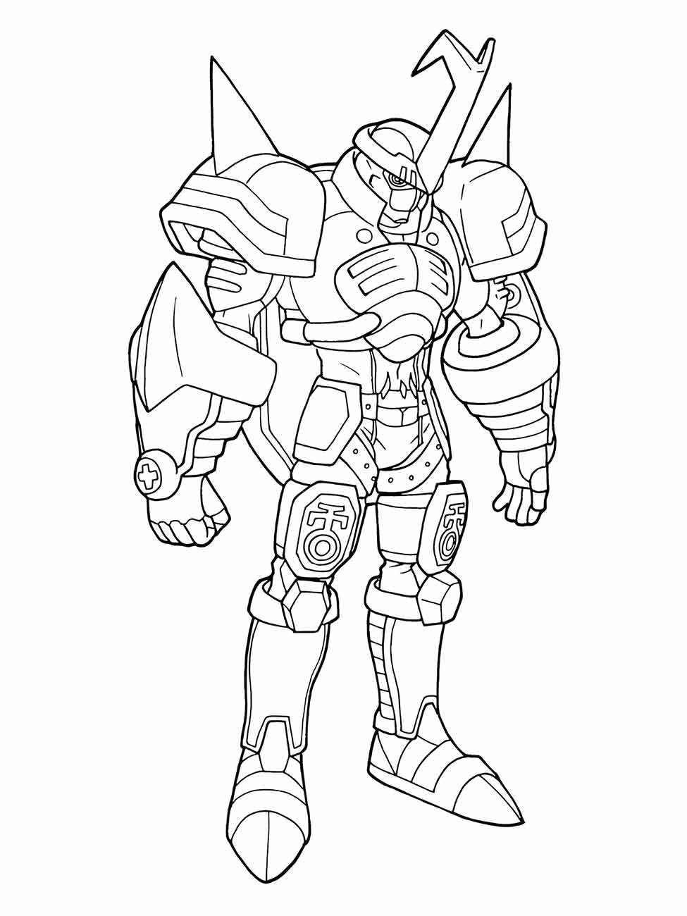 Desenho para colorir de WarGreymon, um Digimon guerreiro blindado com garras.