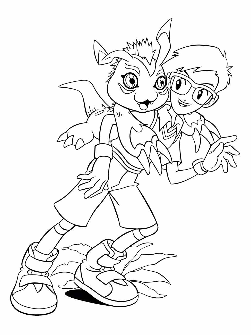 Desenho para colorir de Joe Kido com seu Digimon Gomamon, ambos sorridentes e prontos para a aventura.