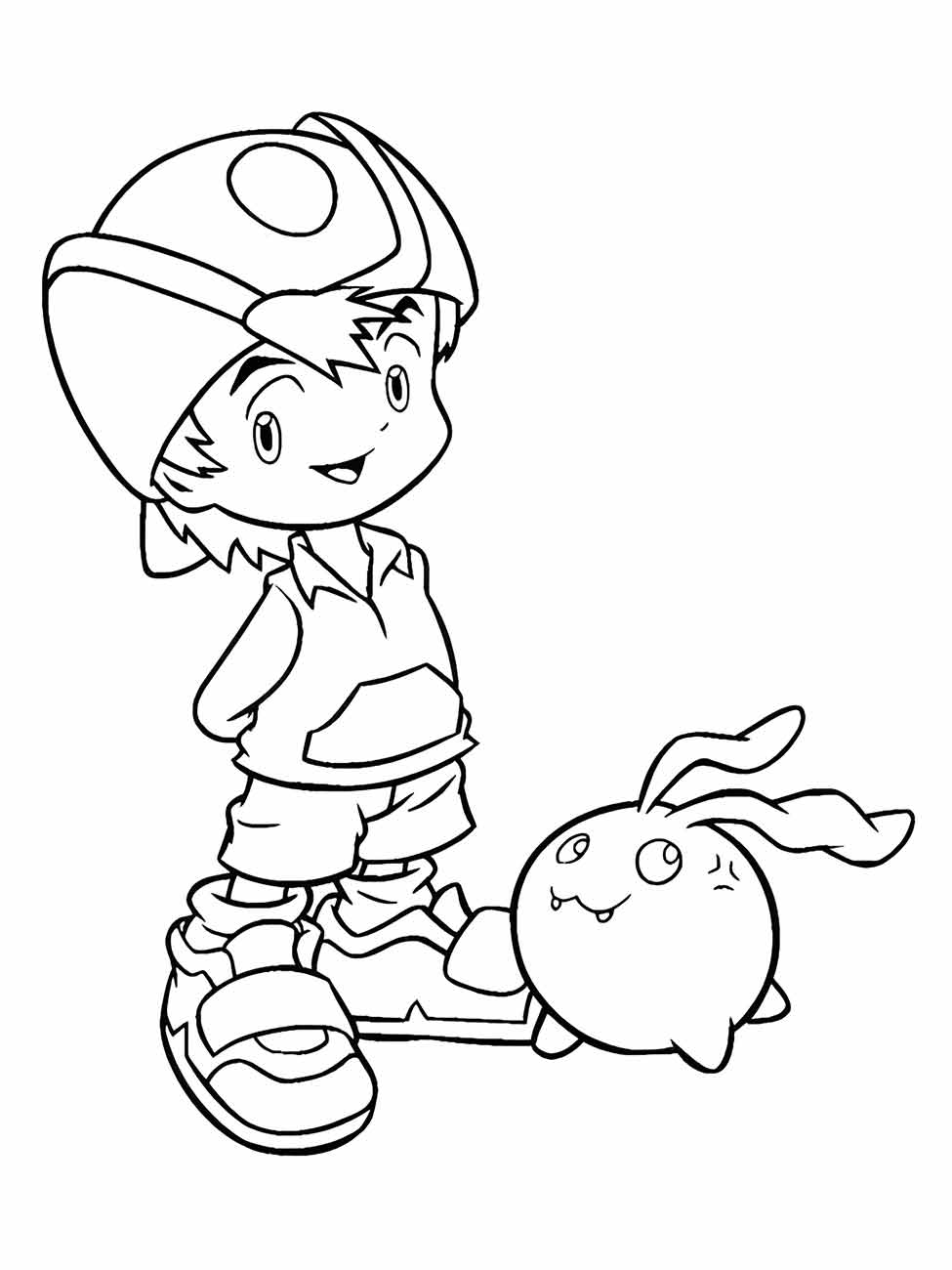 Desenho para colorir de T.K. Takaishi com seu Digimon Patamon.