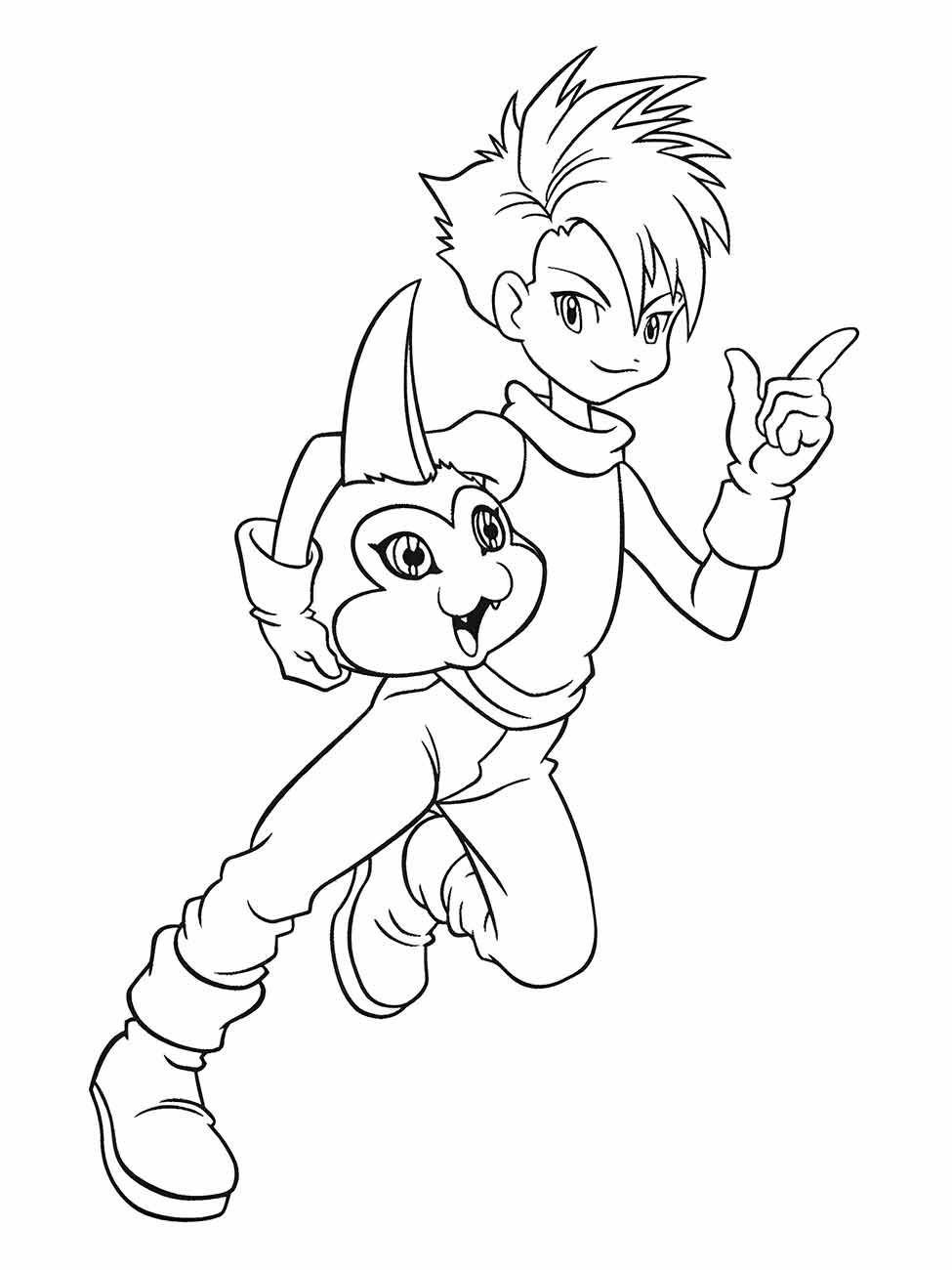 Desenho para colorir de Izzy Izumi apontando para cima, com seu Digimon Tentomon ao lado.