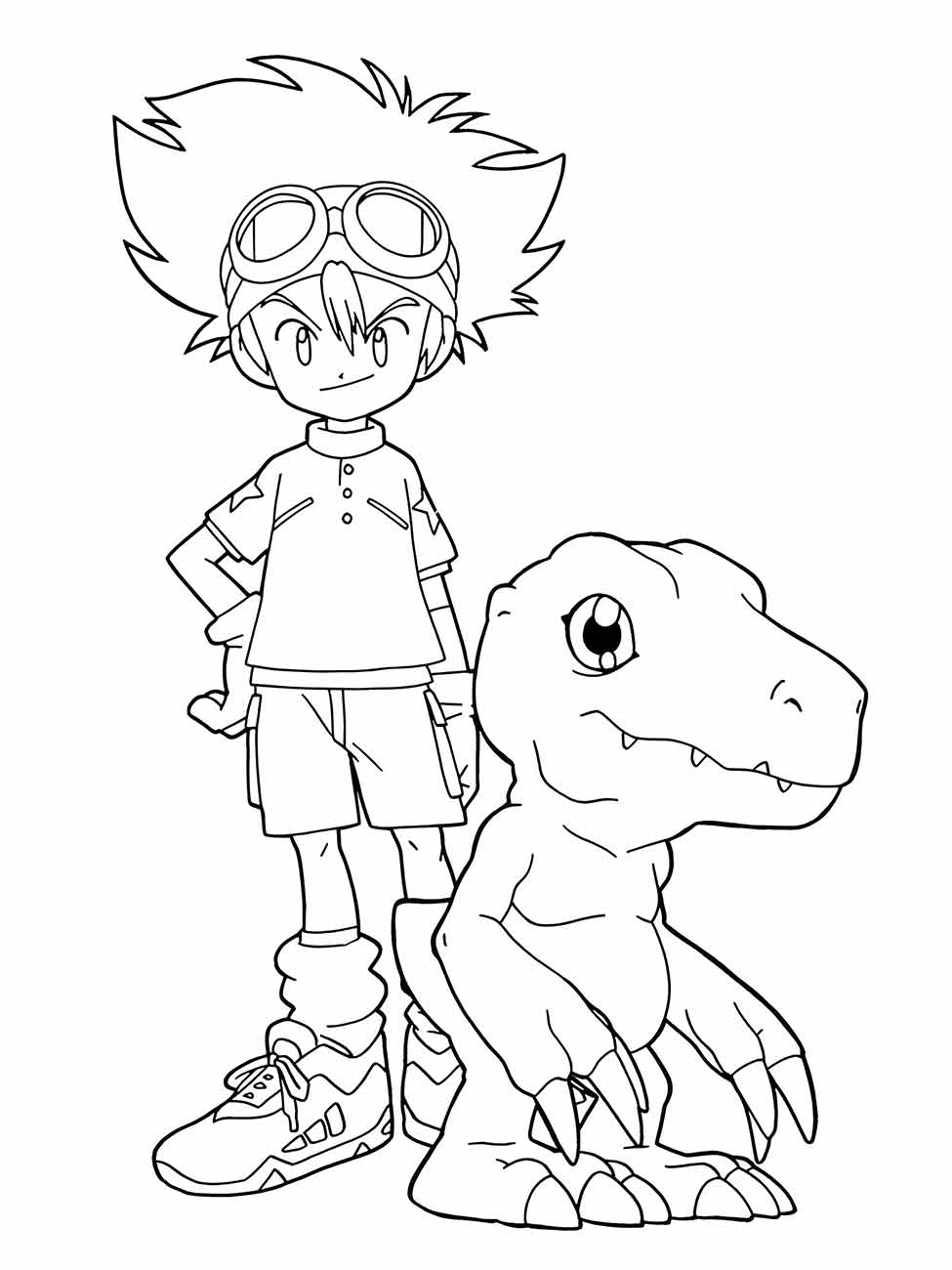 Desenho para colorir de Tai Kamiya com seu Agumon, personagens do anime Digimon Adventure.