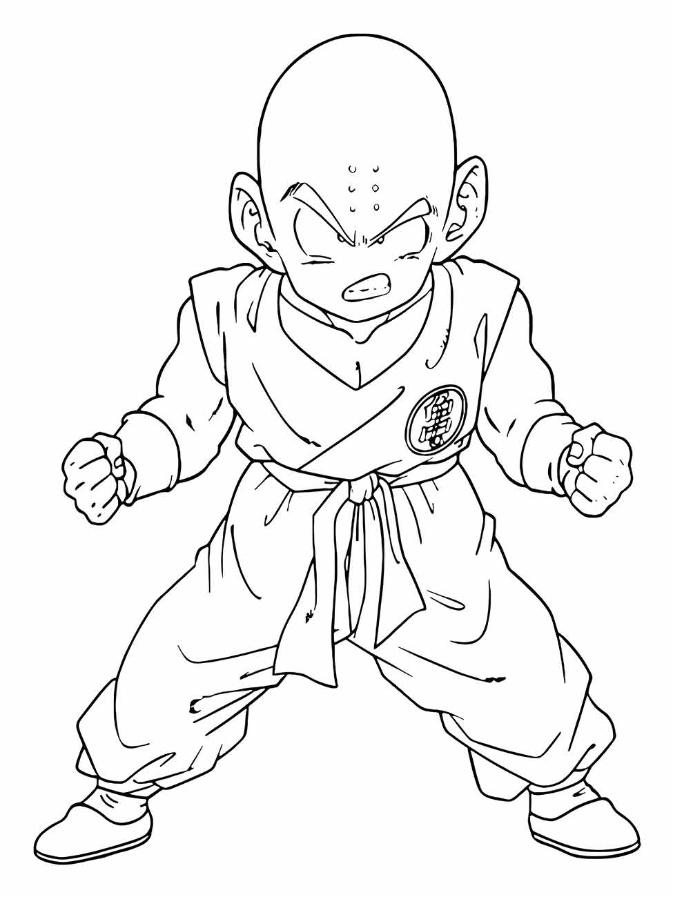 Desenho para colorir de Krillin em posição de luta, com expressão determinada e punhos cerrados.