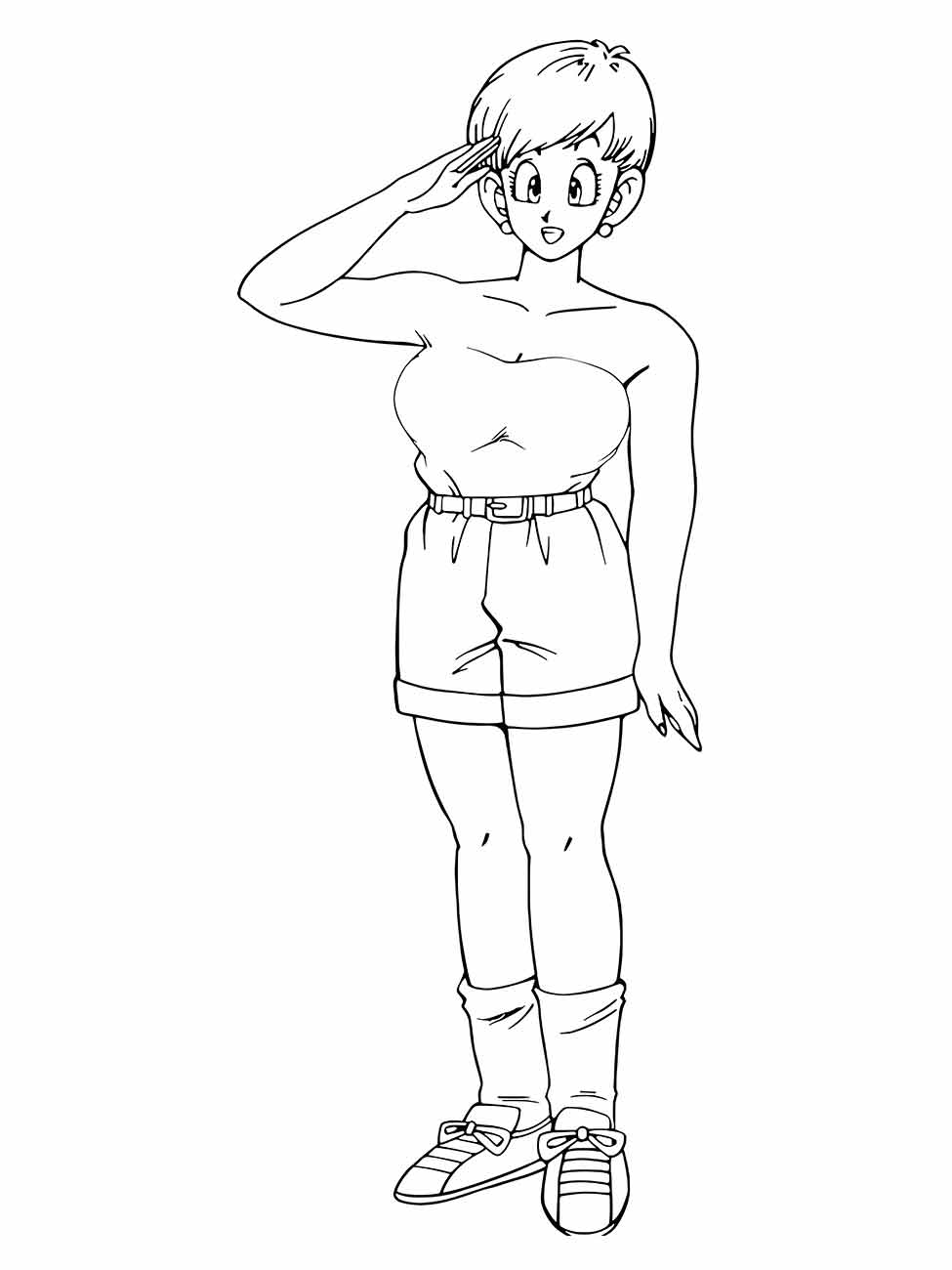 Desenho para colorir de Bulma saudando, com um gesto casual e expressão amigável.