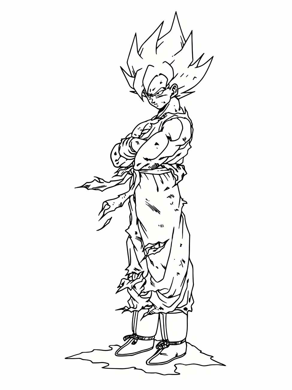 Desenho para colorir de Vegeta Super Saiyajin com braços cruzados e uma expressão orgulhosa.