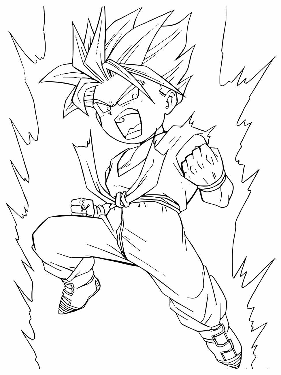 Desenho para colorir de Gohan Super Saiyajin 2 com aura de energia, em uma pose dinâmica de batalha.