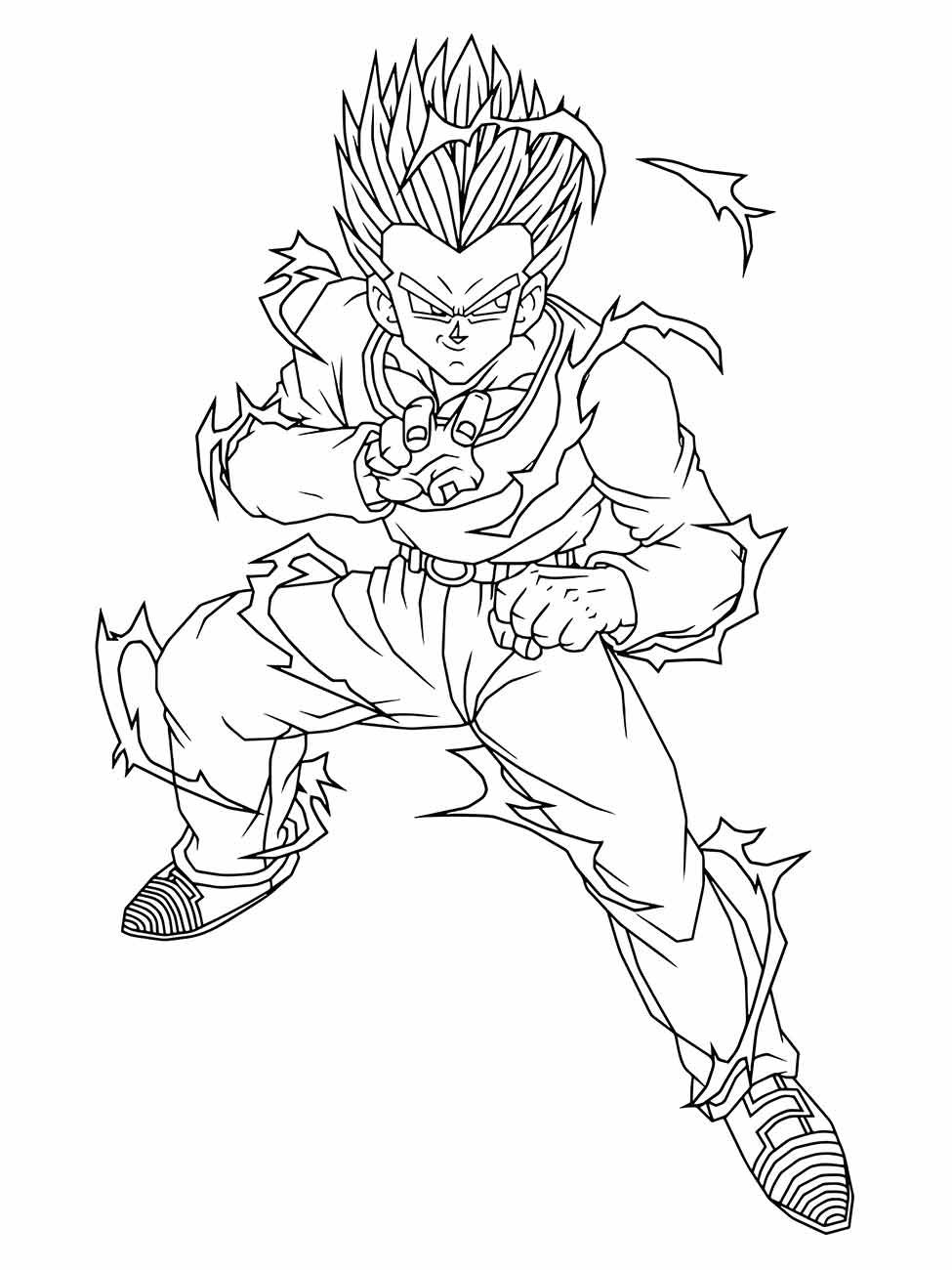 Desenho para colorir de Vegeta em sua forma Super Saiyajin, preparando-se para o combate.