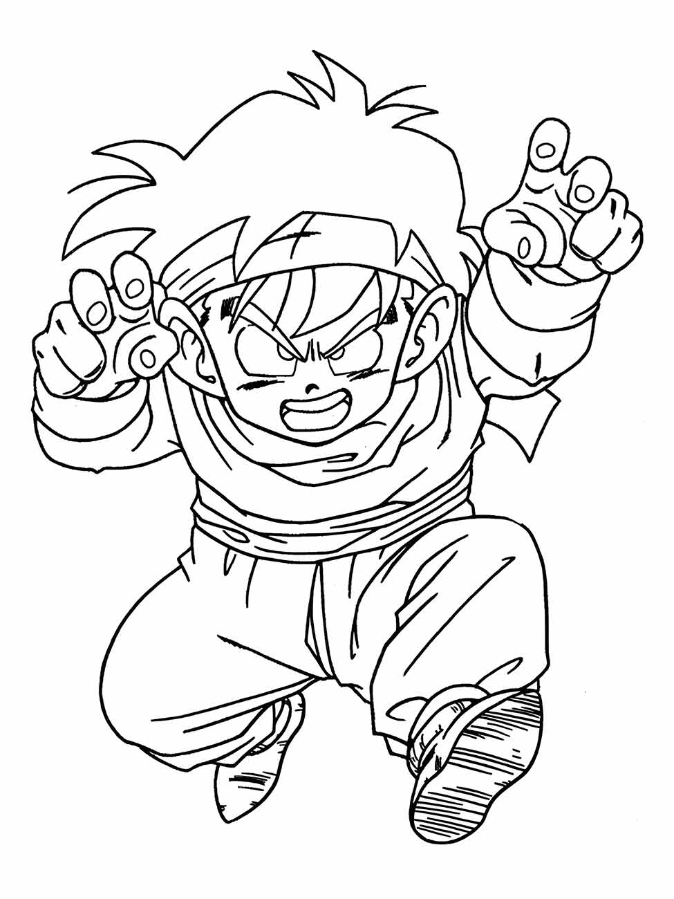 Desenho para colorir de Gohan criança em posição de luta, com roupas de treinamento.