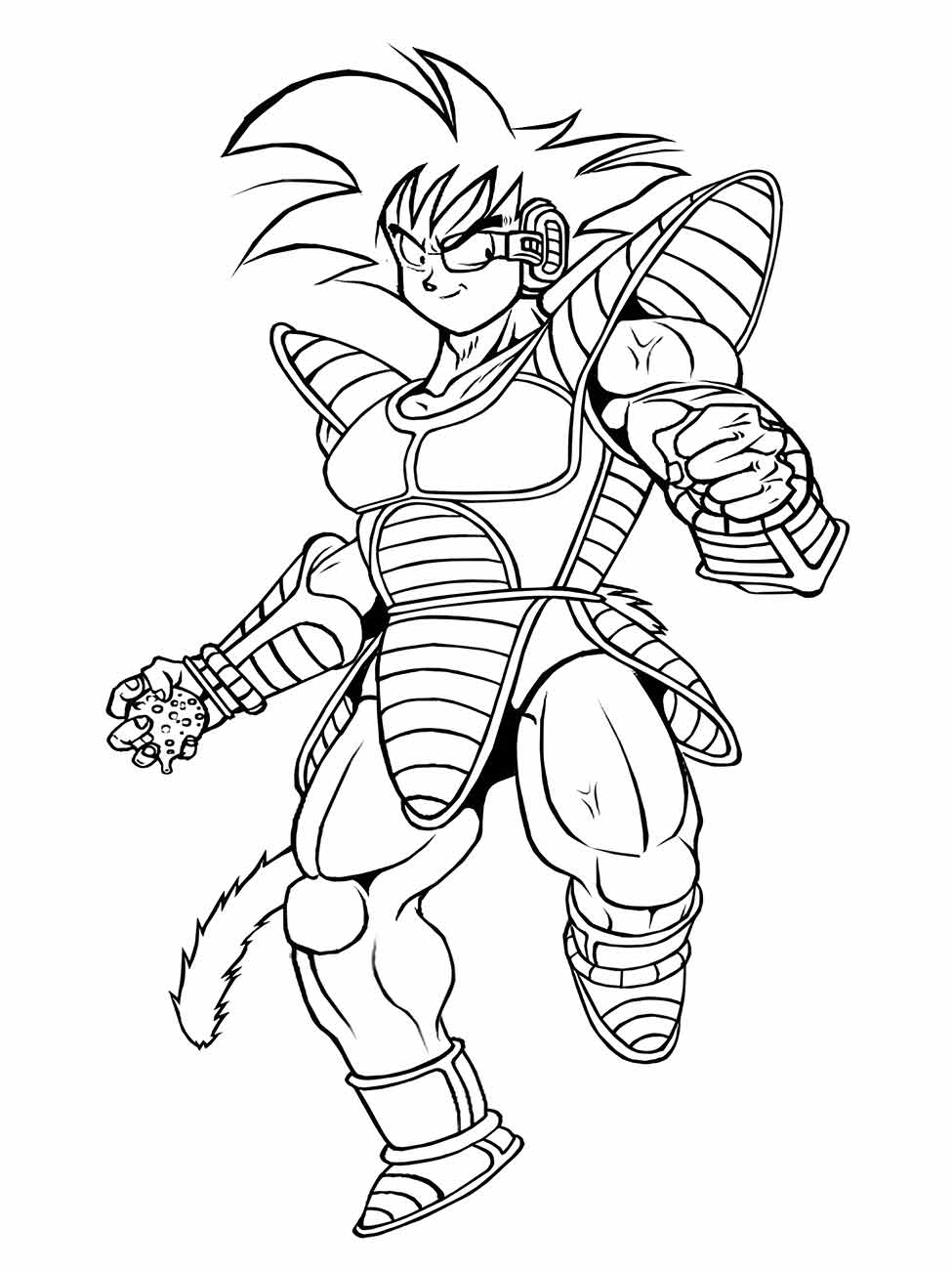 Desenho para colorir de Raditz, um Saiyajin, em pose de ataque com sua armadura e cauda.