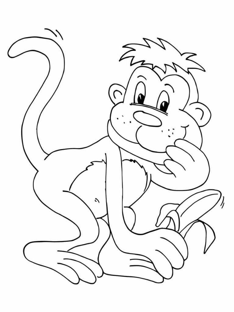 Desenho de macaco para colorir, sentado e pensativo, com a mão no queixo e segurando uma banana.