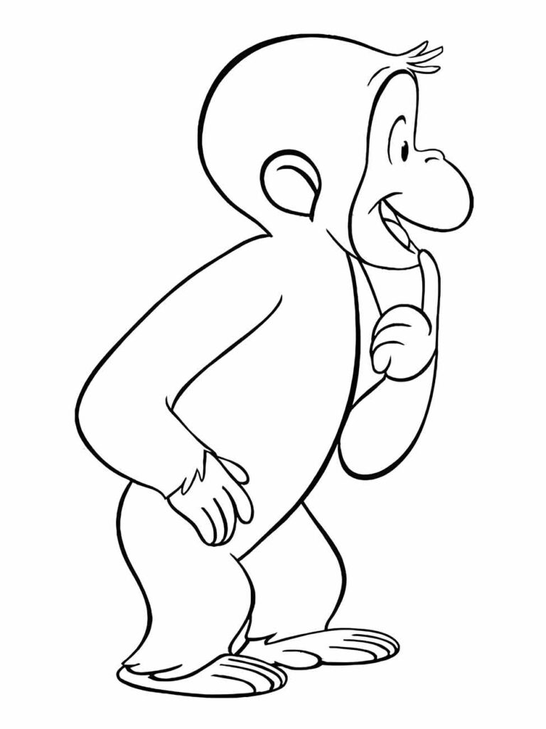 Desenho de macaco para colorir, em pé e de perfil, com uma expressão sorridente e um dedo levantado como se tivesse uma ideia.