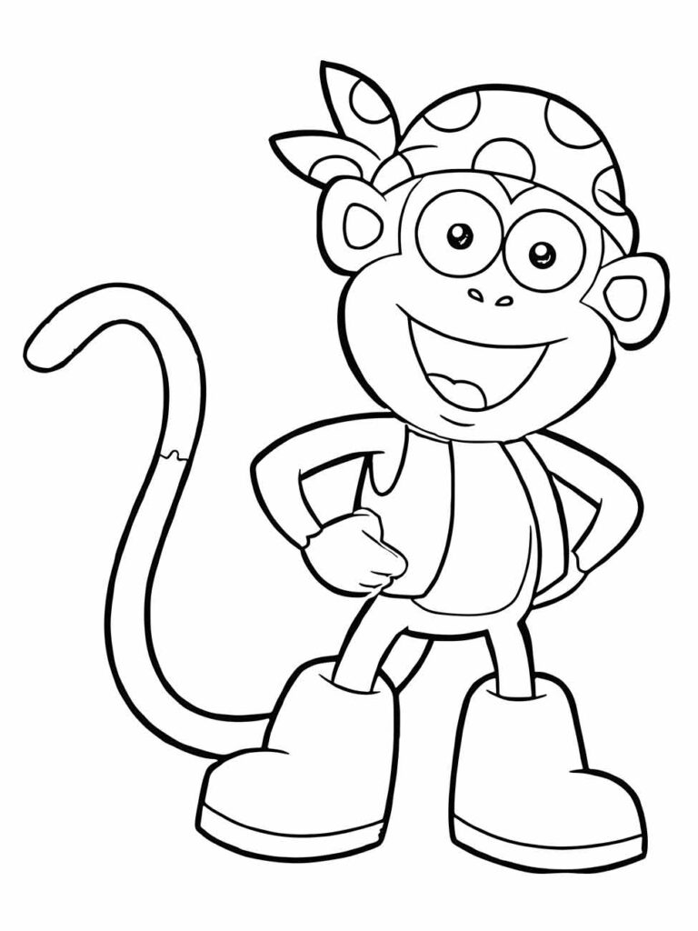 Desenho de macaco para colorir, vestindo sapatos grandes e uma bandana, com expressão alegre.