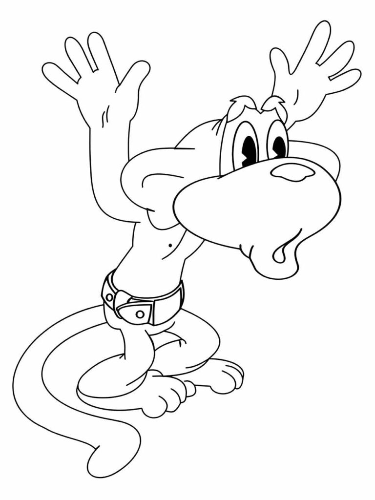 Desenho de macaco para colorir, com expressão surpresa e mãos grandes abertas acima da cabeça, usando uma cinta como acessório.