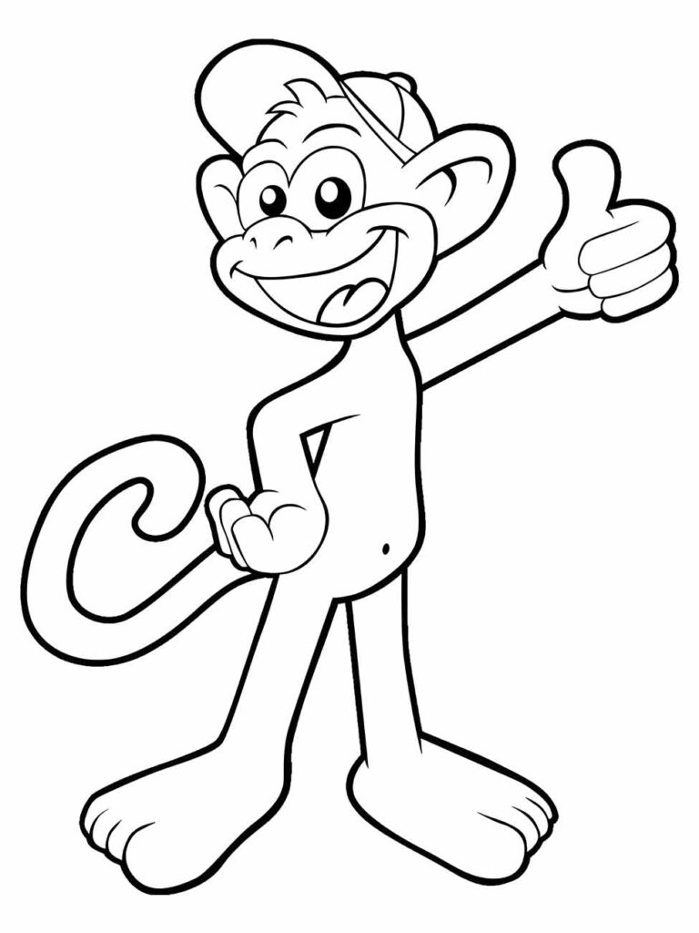 Desenho de macaco para colorir, dando um polegar para cima com um sorriso confiante e um tufo de cabelo sobre a testa.