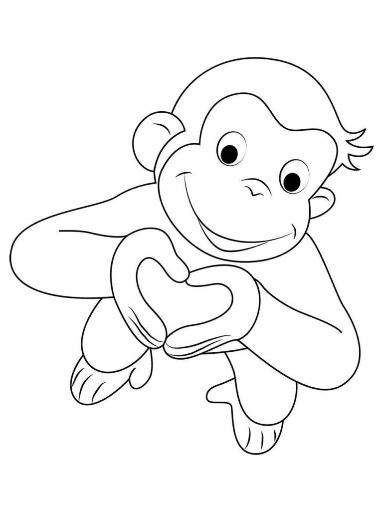 Desenho de macaco para colorir, com um olhar doce e formando um coração com as mãos.