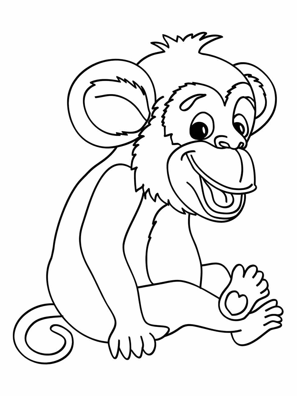 Desenho de macaco para colorir, sentado e sorrindo, com grandes orelhas peludas