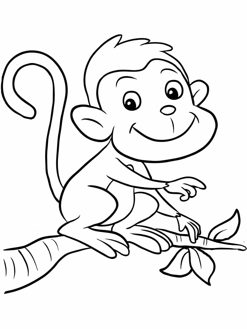 Desenho de macaco para colorir, sentado em um galho de árvore, segurando uma folha.