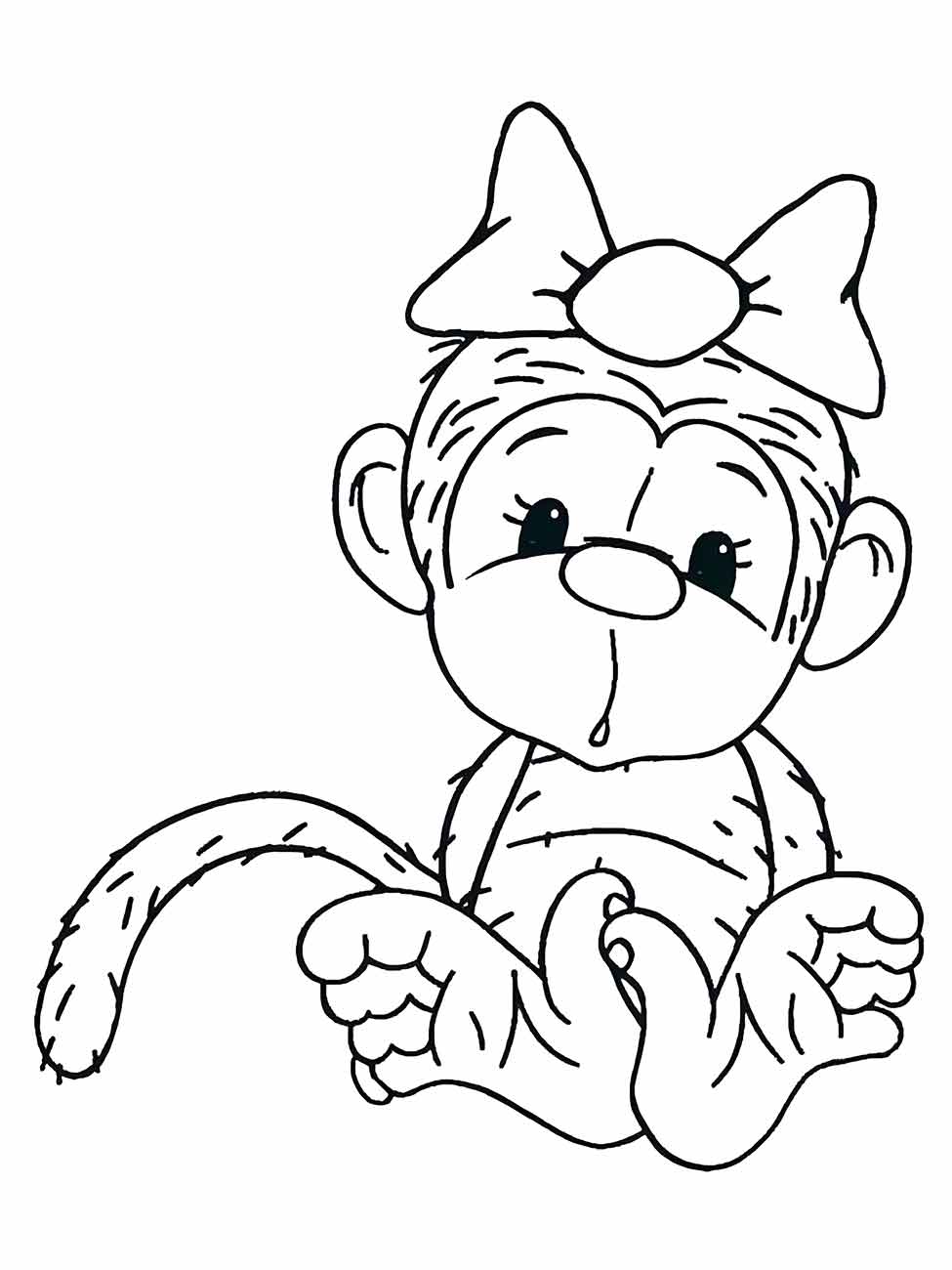 Desenho de macaco para colorir, com expressão triste, usando um laço na cabeça.